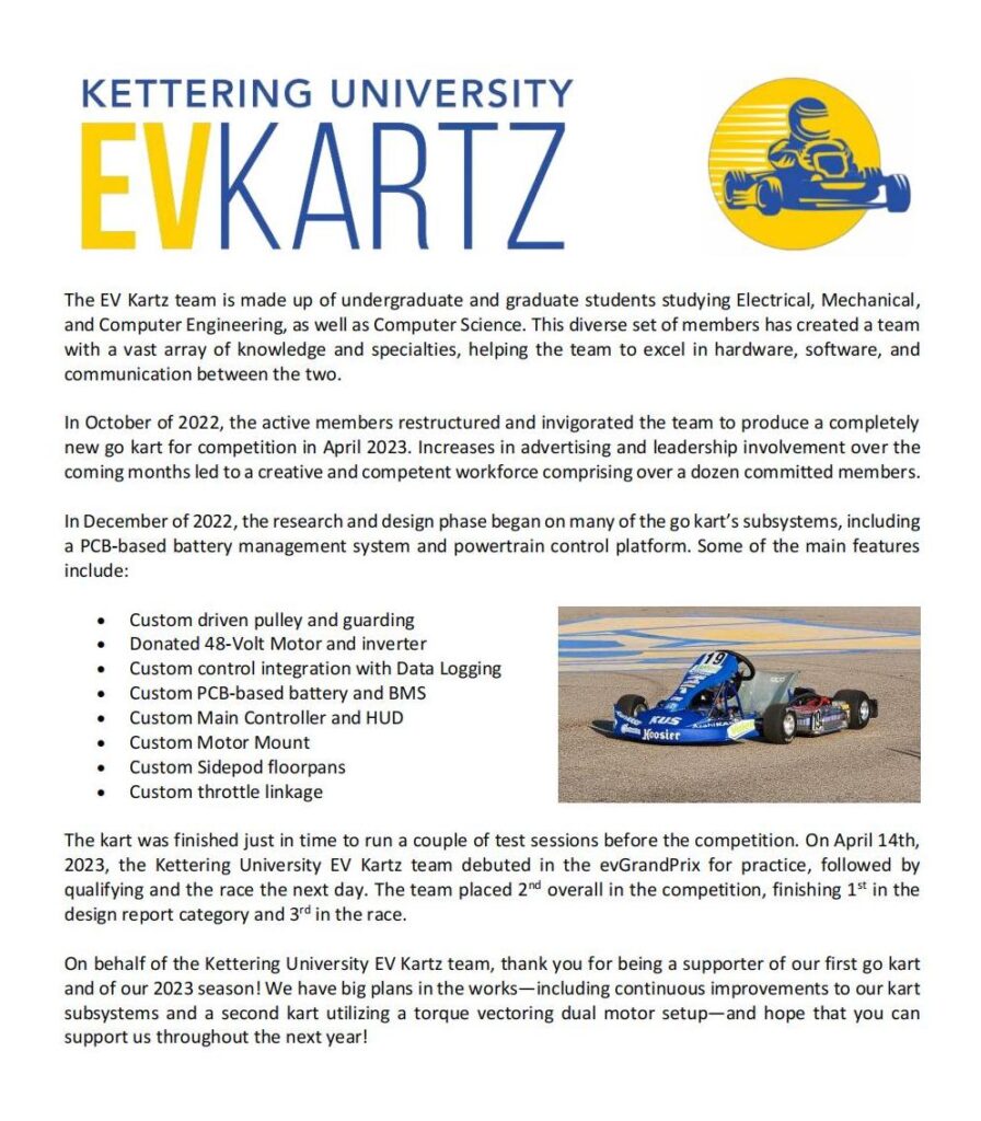 db旗舰智能赞助凯特林大学EV Kartz电动卡丁车队